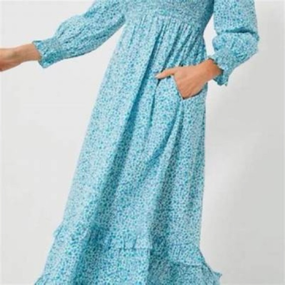 Blue Ruffled Smocked Sundress with Bishop Sleeves